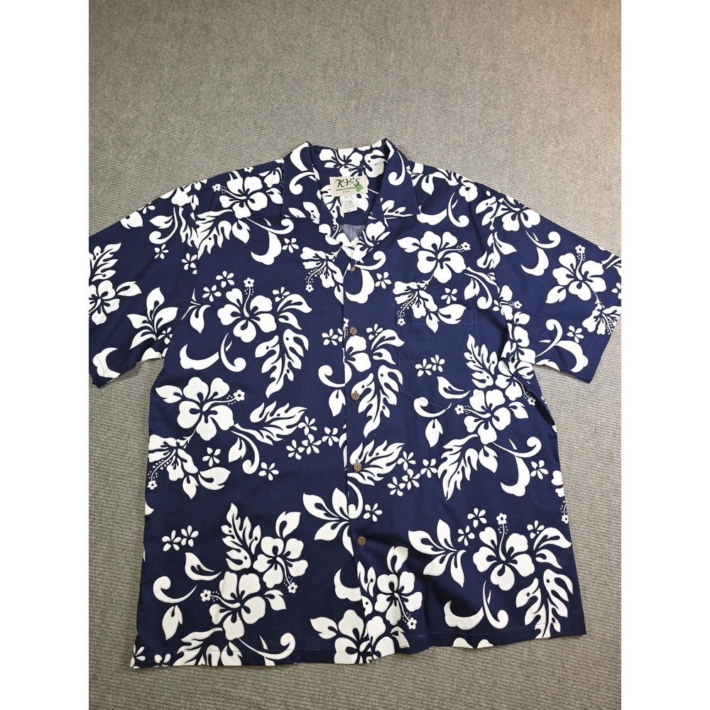 KY's Hawaiian Shirt 3XL Made in Hawaii USA Navy Blue